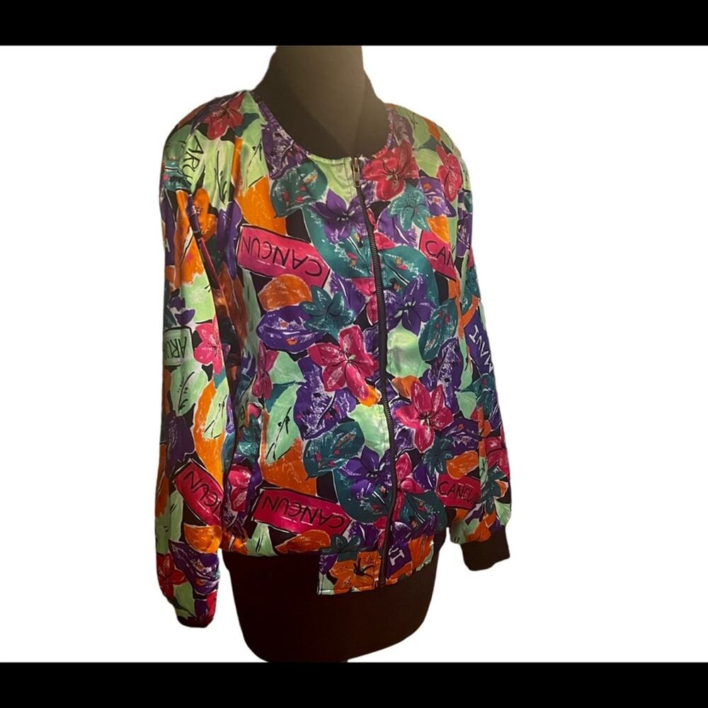 Vtg 90s Satin Oversized Maximalist Colorful Floral Bomber Jacket Womens Size M - Picture 1 of 6